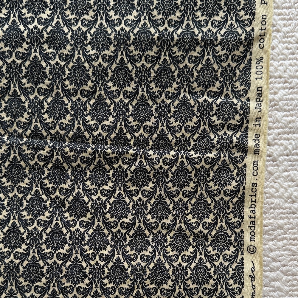 Moda Large Black and Tan Damask Cotton Fabric Panel